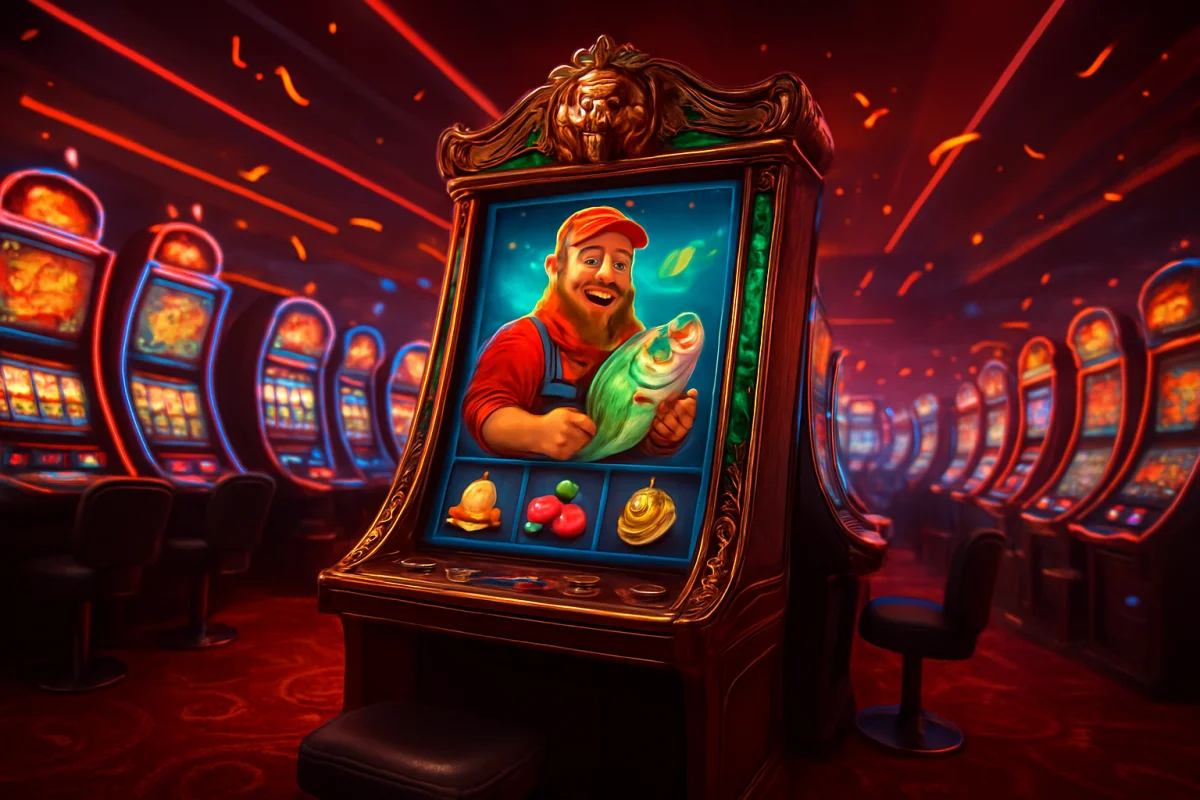 big bass splash — luxurious casino arcade hall with rows of glowing slot machines