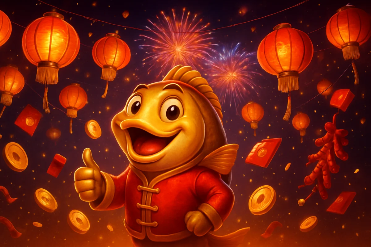 big bass splash — festive Chinese New Year scene with mascot, red lanterns and fireworks