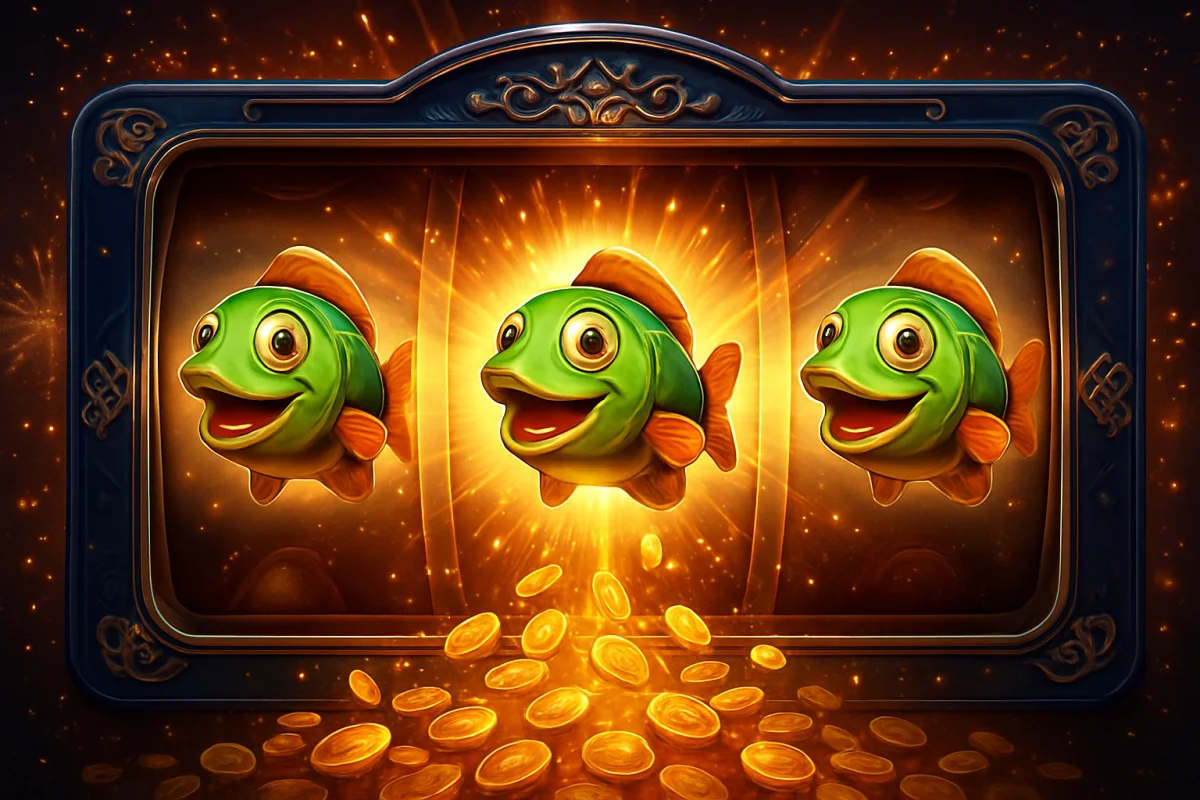 big bass splash — winning row of three matching mascot symbols on a slot machine reel