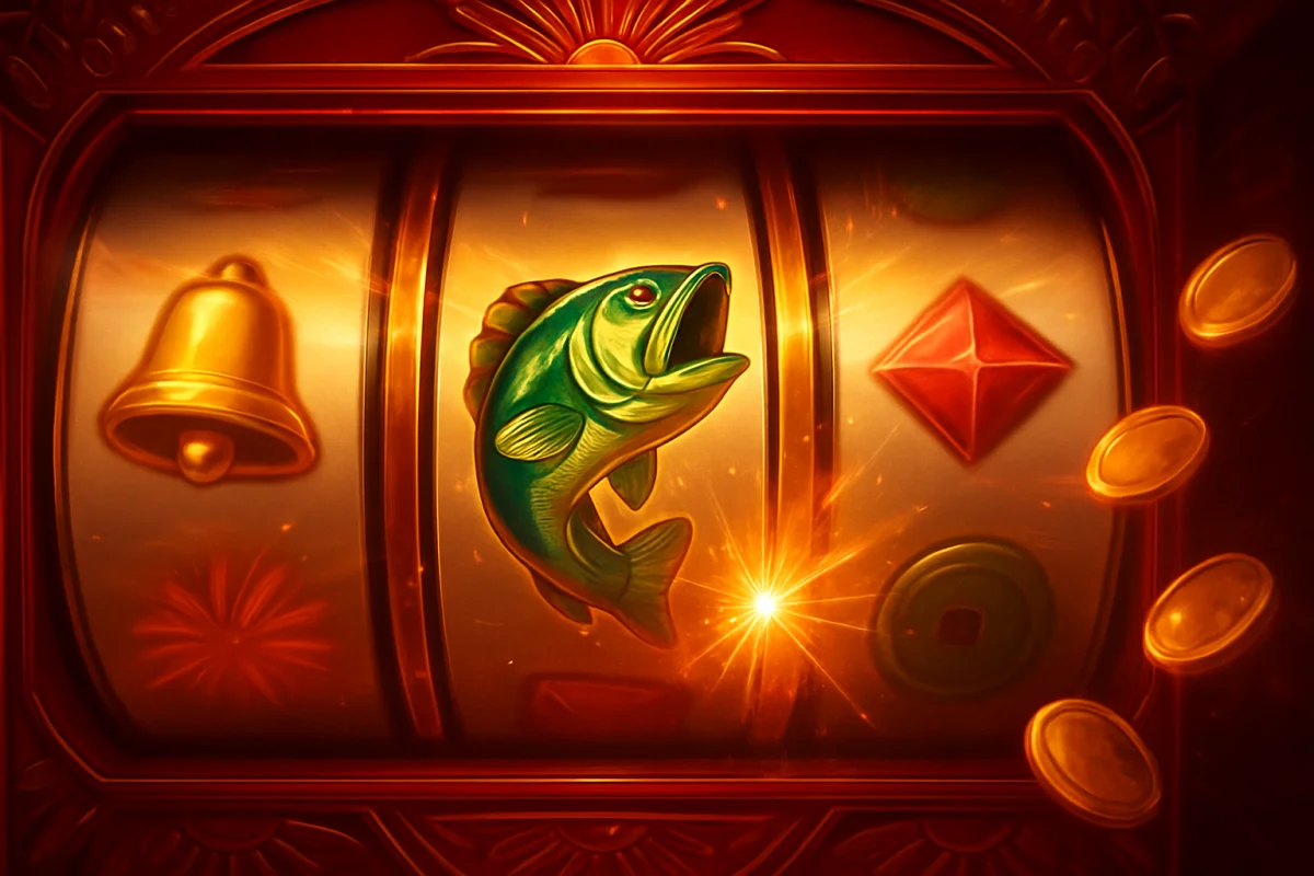 big bass splash — close-up of slot machine reels caught mid-spin, symbols streaming past