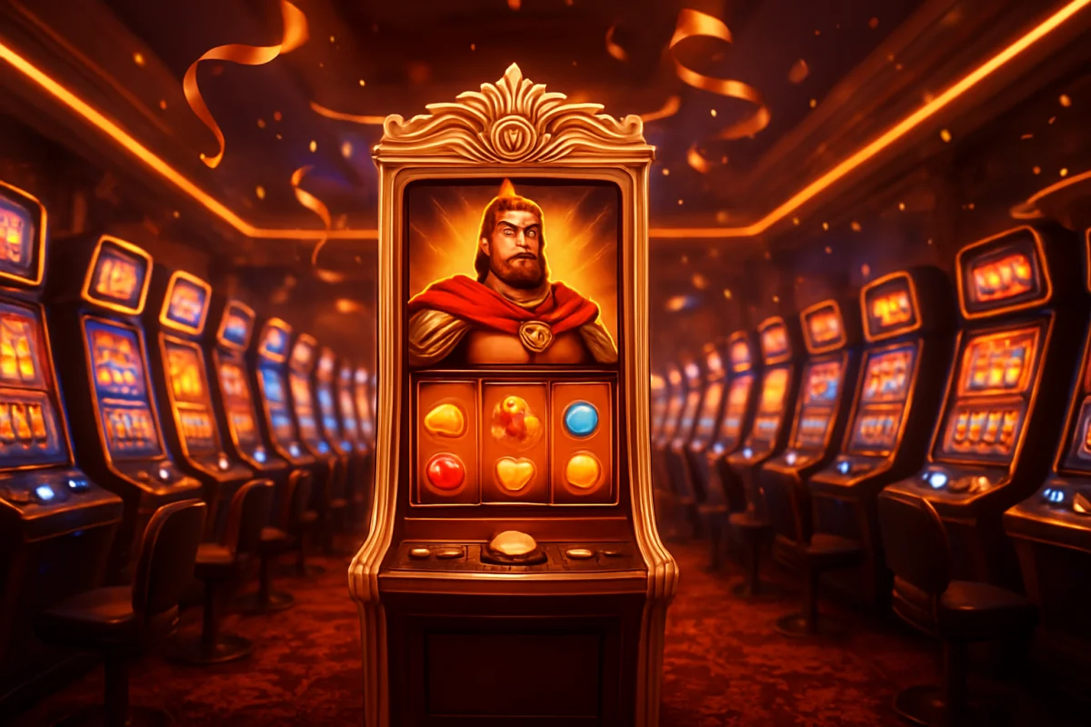 double fortune — luxurious casino arcade hall with rows of glowing slot machines