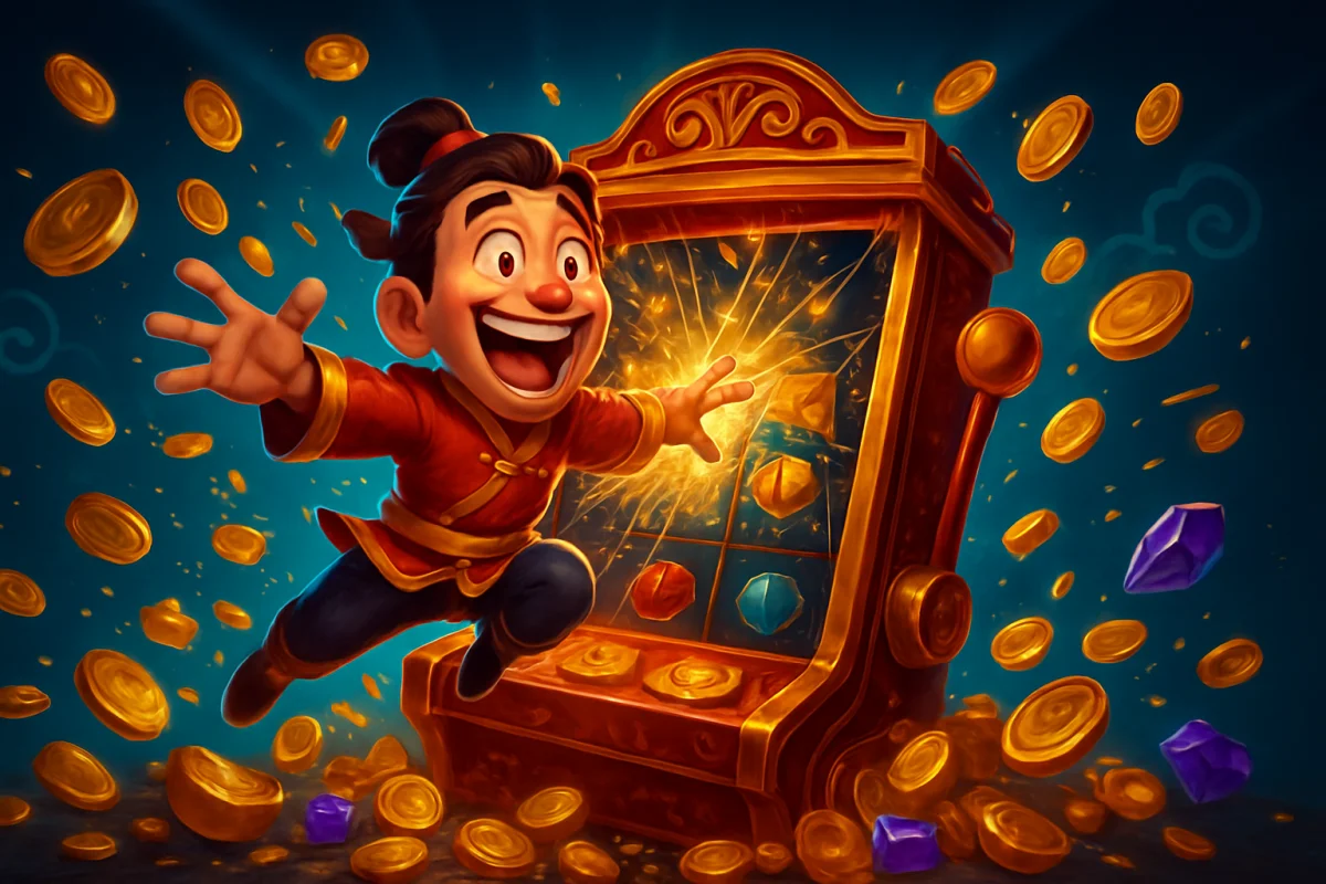 double fortune — big-win celebration scene, mascot bursting out of a slot machine