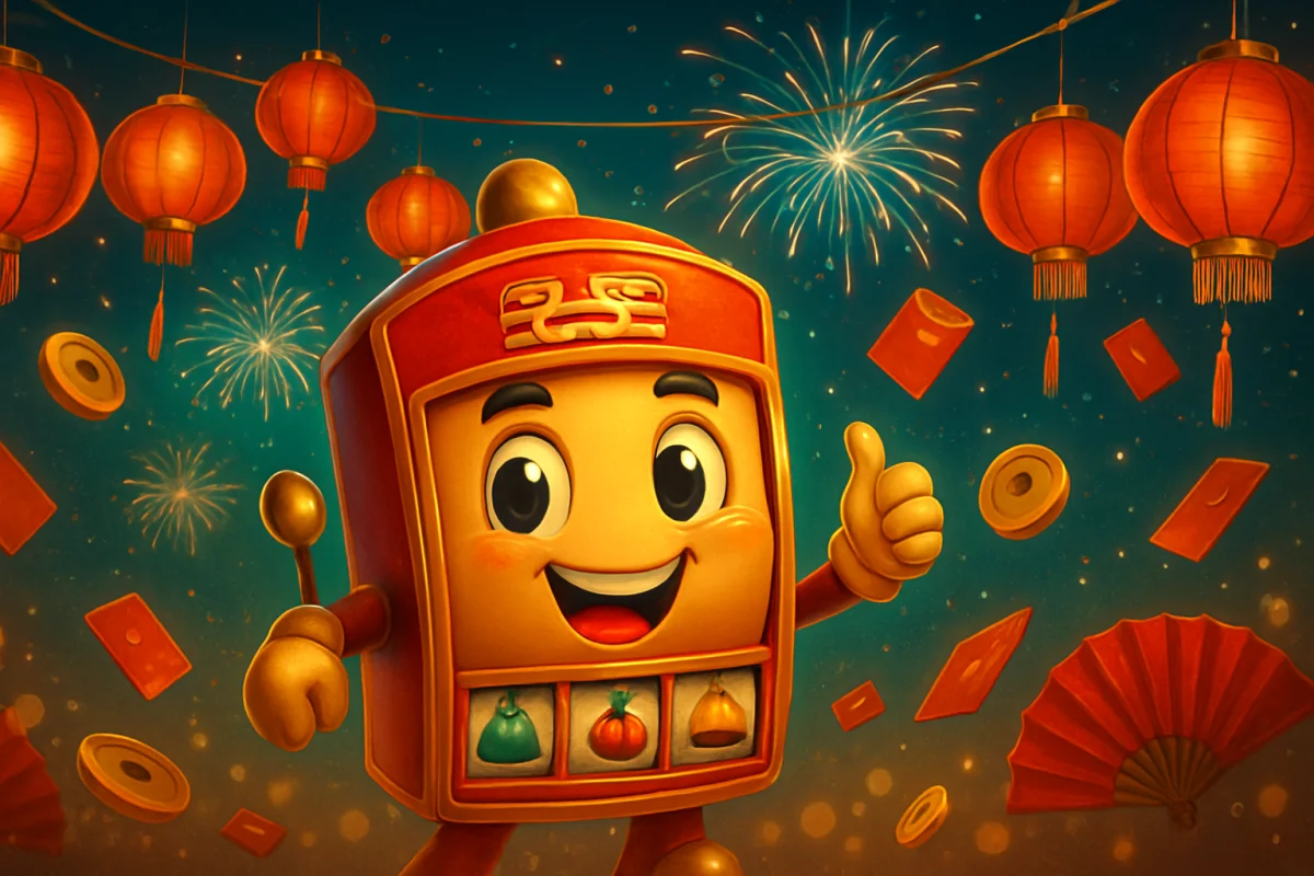 double fortune — festive Chinese New Year scene with mascot, red lanterns and fireworks
