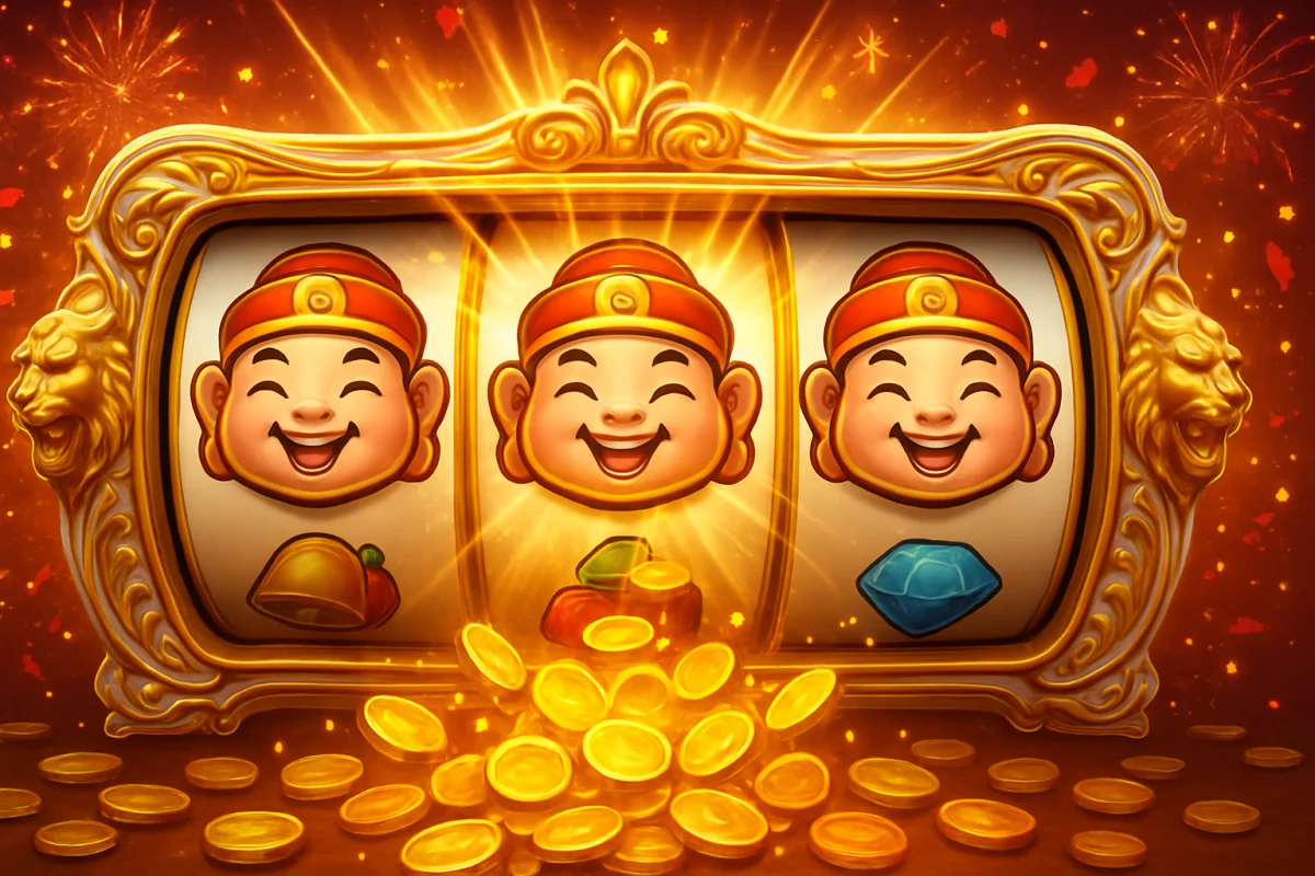 double fortune — winning row of three matching mascot symbols on a slot machine reel