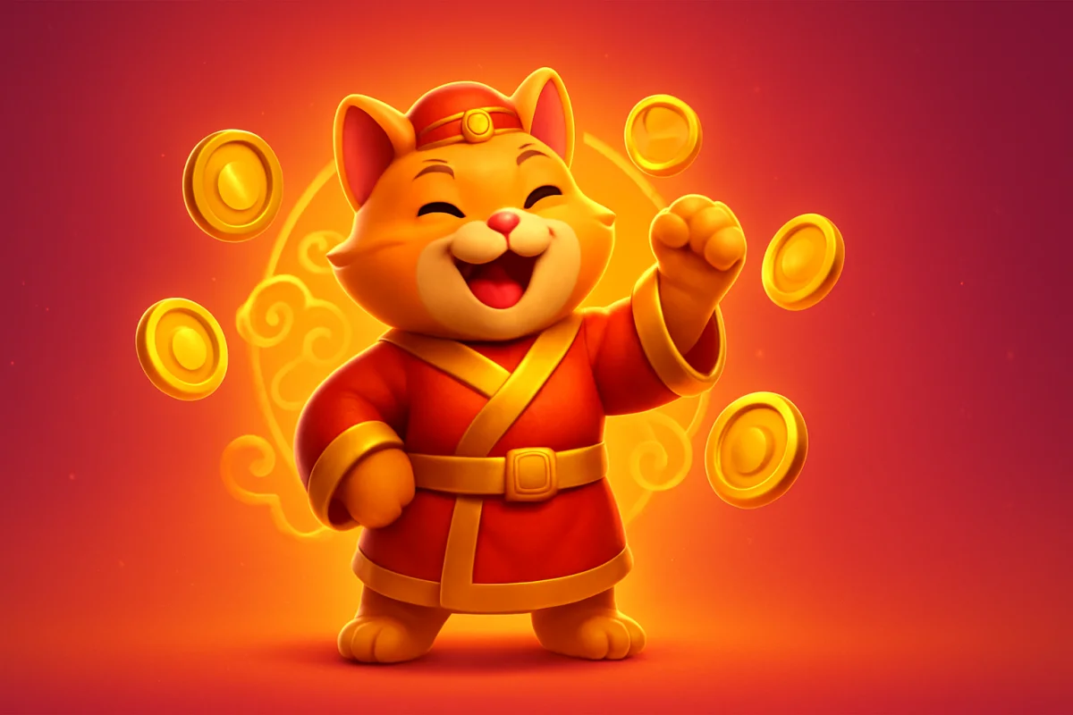 double fortune — full-body hero portrait of the mascot in a victory pose on a radial background