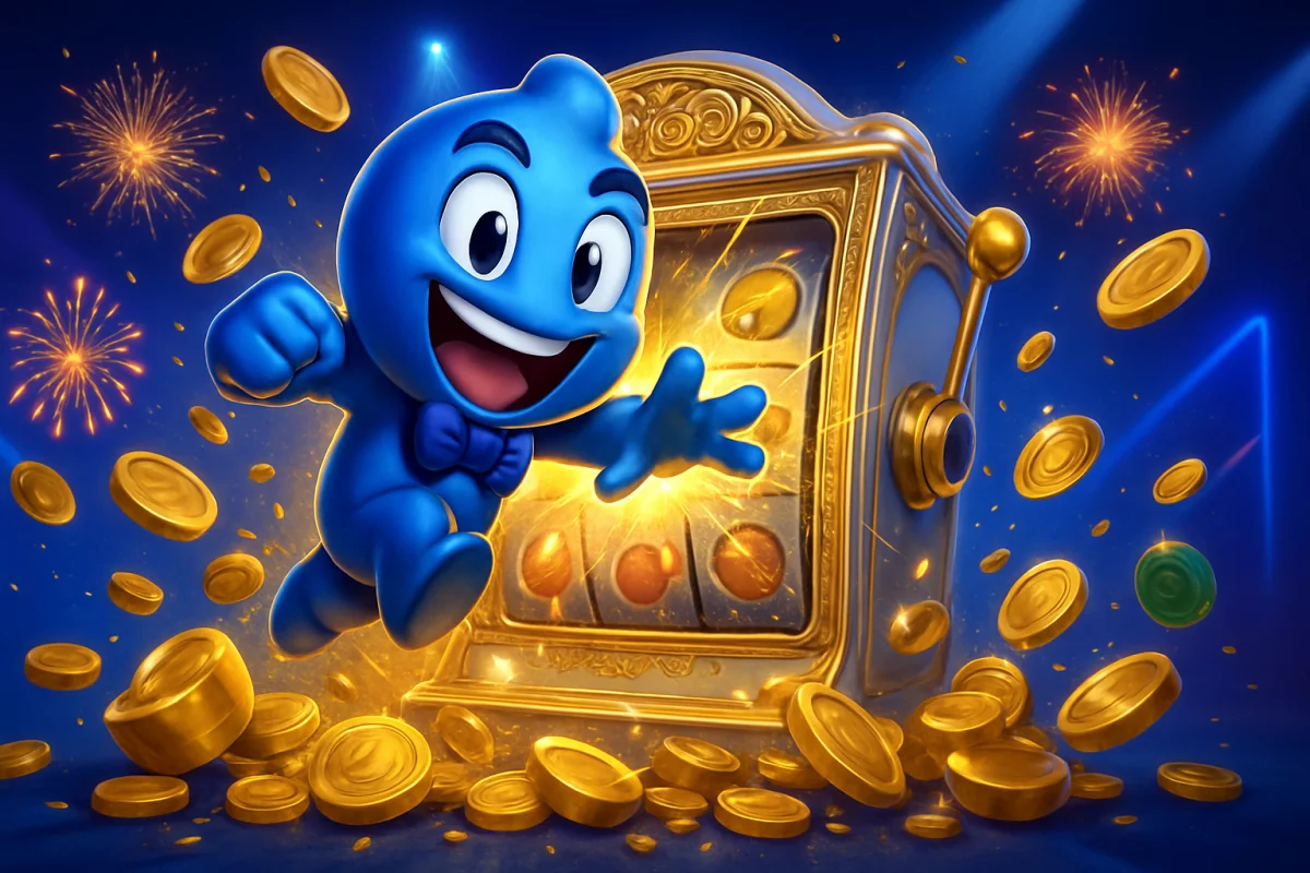 sugar rush — big-win celebration scene, mascot bursting out of a slot machine