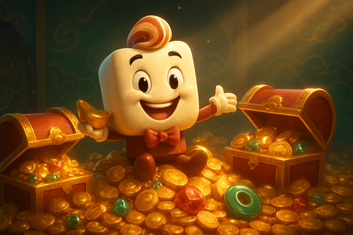 sugar rush — cartoon mascot standing on mountains of gold coins in a treasure vault