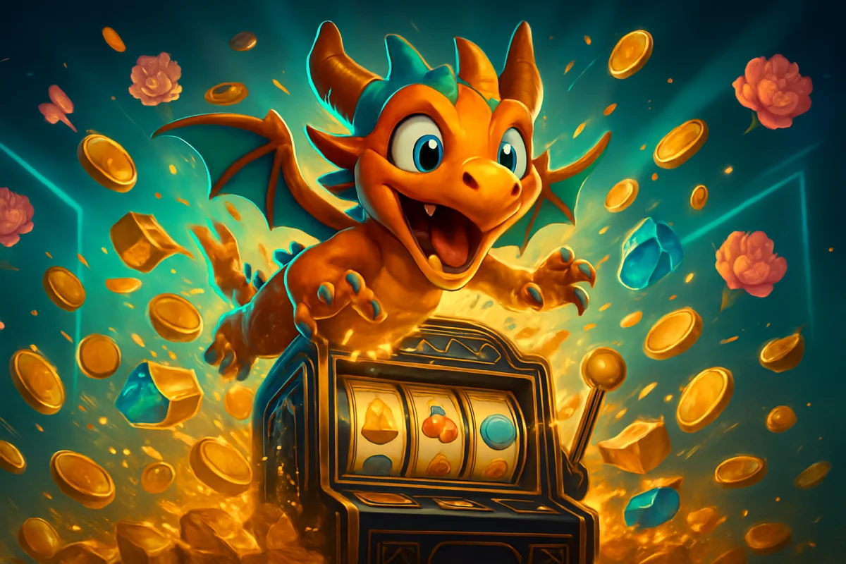 yo dragon — big-win celebration scene, mascot bursting out of a slot machine