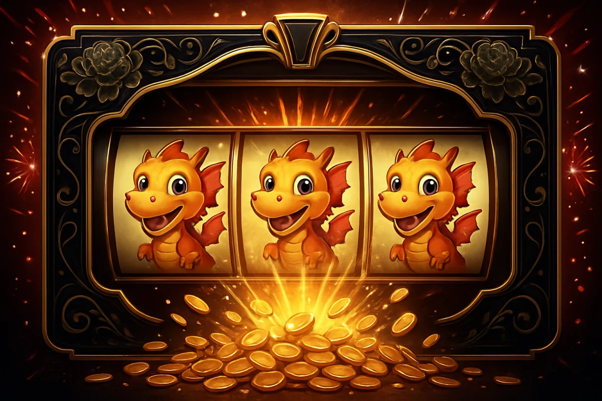 yo dragon — winning row of three matching mascot symbols on a slot machine reel