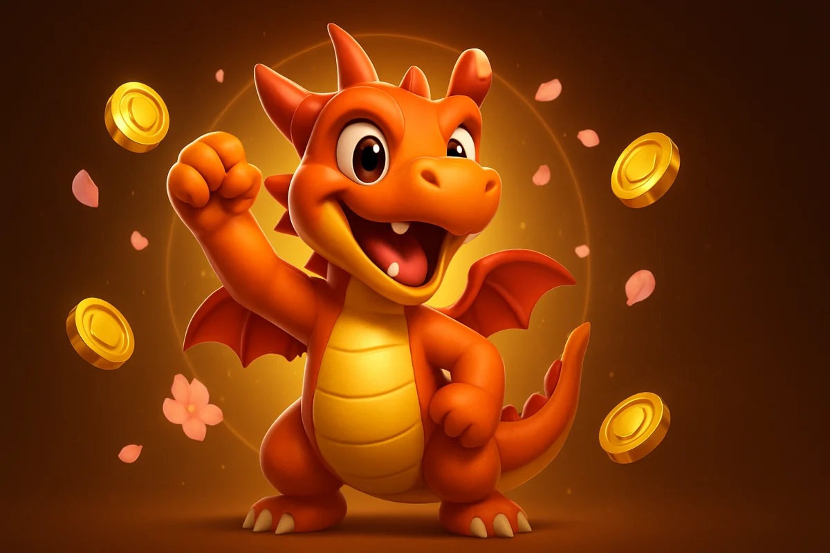 yo dragon — full-body hero portrait of the mascot in a victory pose on a radial background