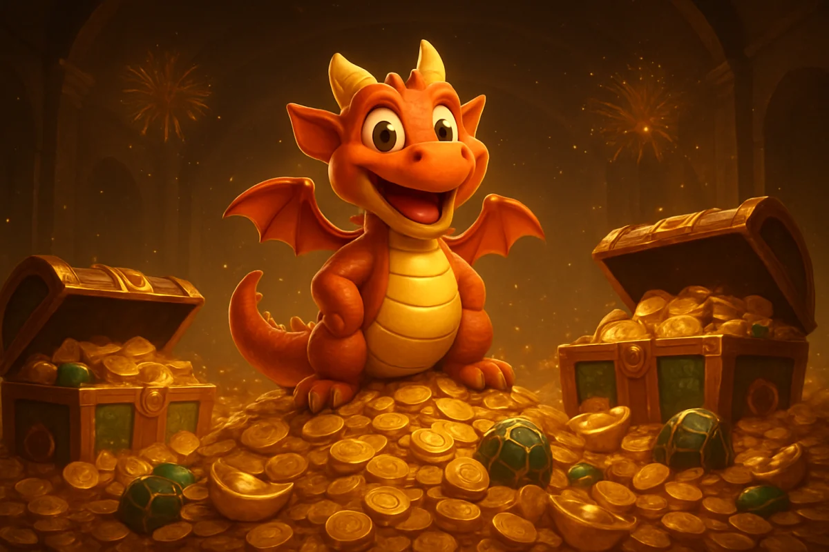 yo dragon — cartoon mascot standing on mountains of gold coins in a treasure vault